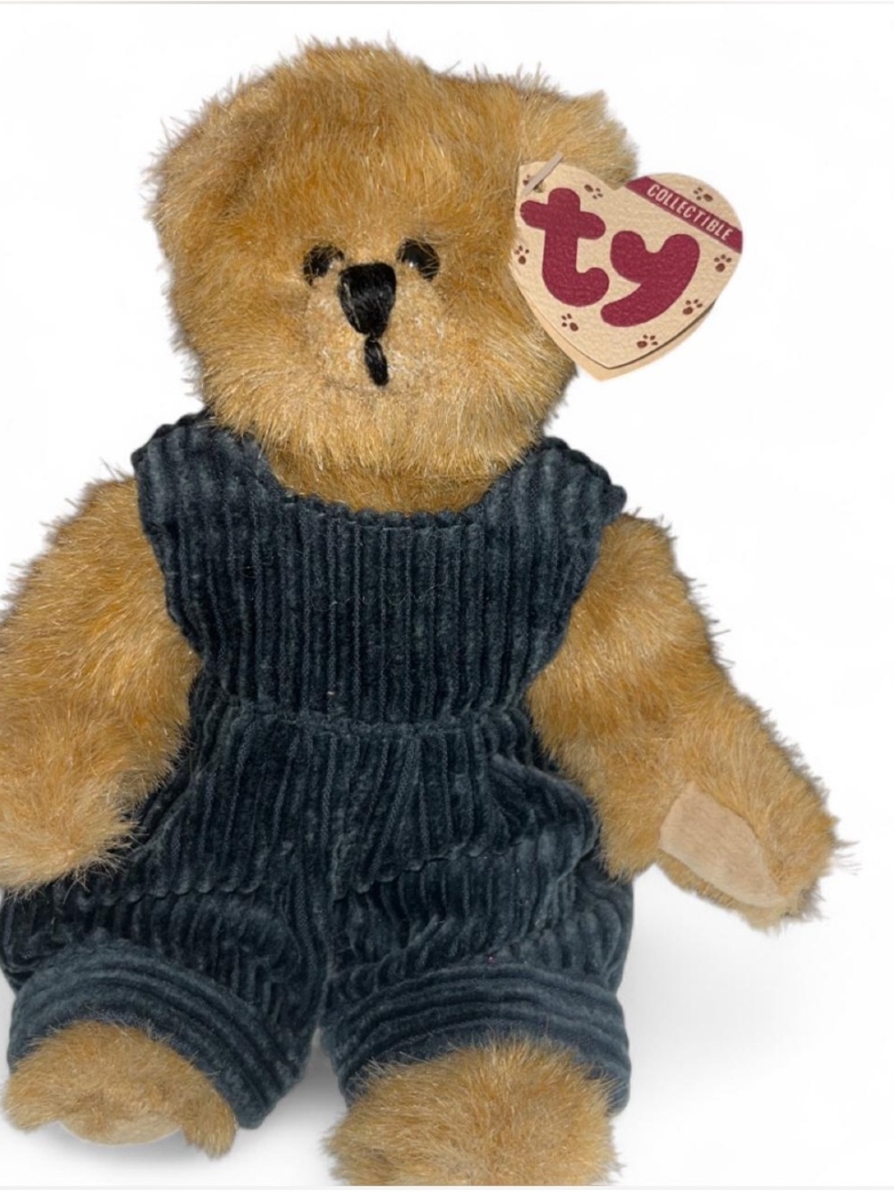 Ty Brown Teddy Bear in Dark Gray Corduroy Overalls